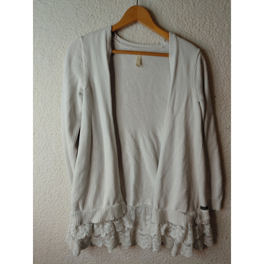 Matilda Jane Cream Open Front Cardigan Lace Ruffle Hem Knit Sweater Cream Large